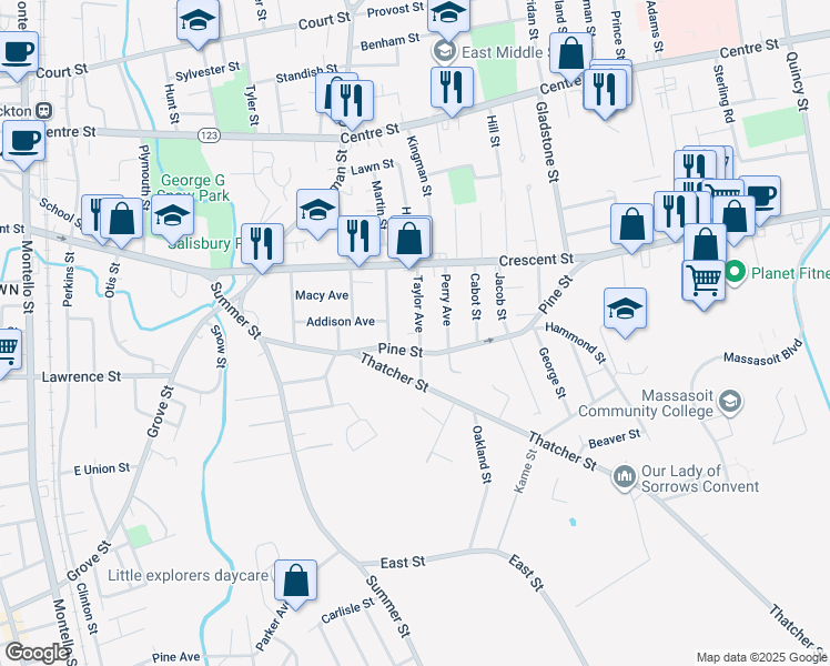 map of restaurants, bars, coffee shops, grocery stores, and more near 122 Pine Street in Brockton