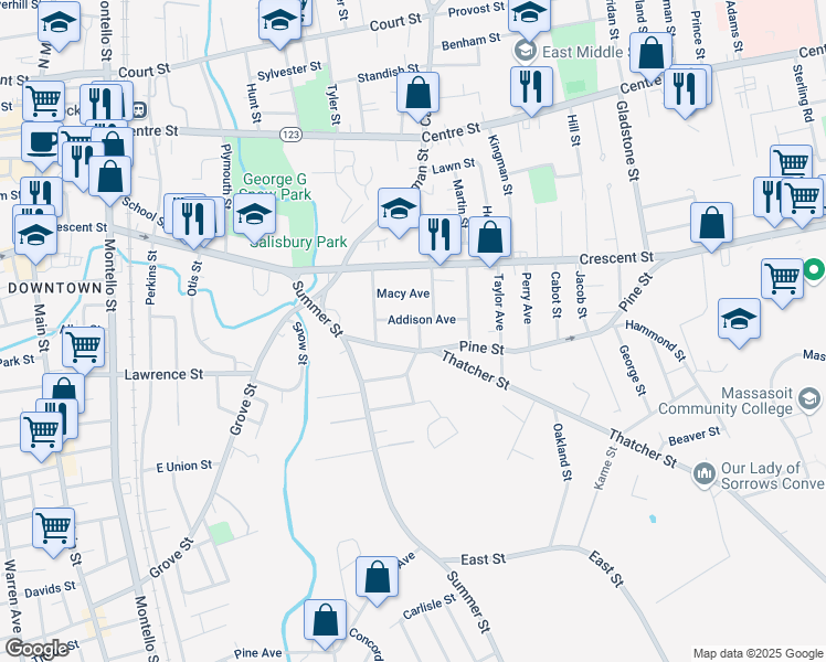 map of restaurants, bars, coffee shops, grocery stores, and more near 56 Pine Street in Brockton