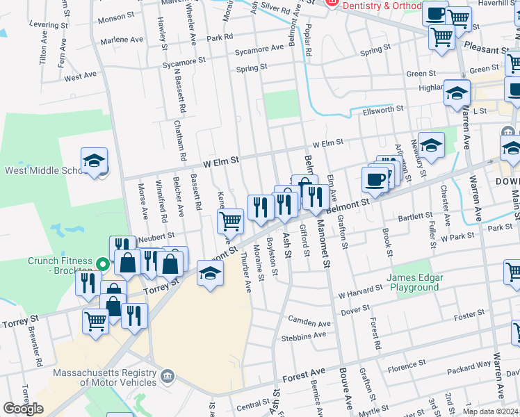 map of restaurants, bars, coffee shops, grocery stores, and more near 193 Boylston Street in Brockton