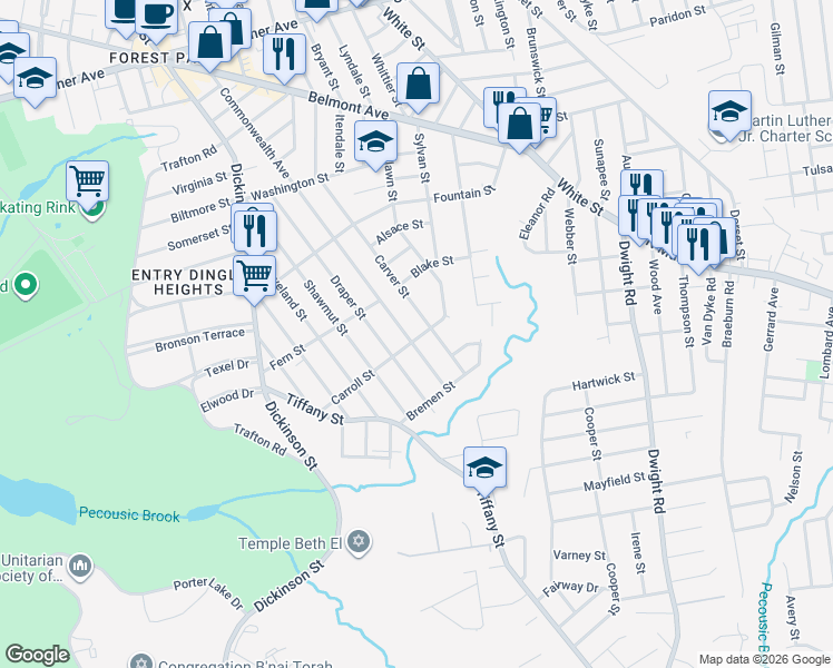 map of restaurants, bars, coffee shops, grocery stores, and more near 137 Carroll Street in Springfield