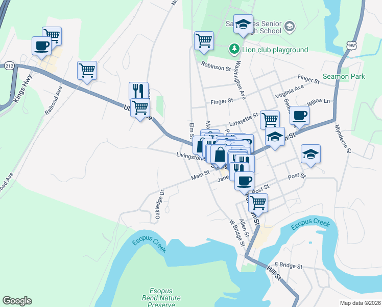 map of restaurants, bars, coffee shops, grocery stores, and more near 41 Livingston Street in Saugerties