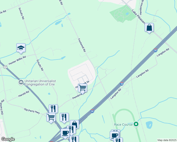 map of restaurants, bars, coffee shops, grocery stores, and more near 7410 Hollydale Drive in Erie