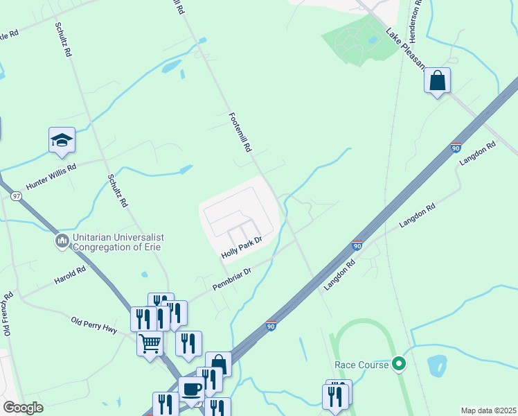 map of restaurants, bars, coffee shops, grocery stores, and more near 7410 Hollydale Drive in Erie