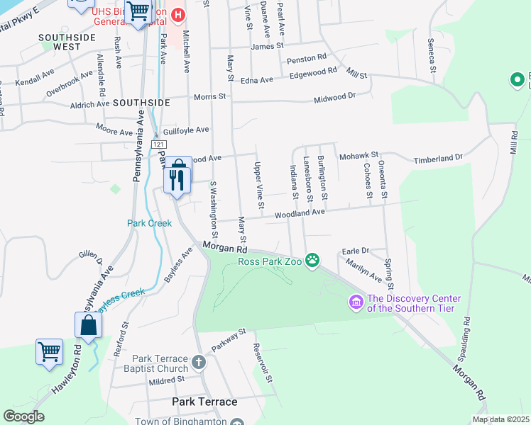 map of restaurants, bars, coffee shops, grocery stores, and more near 25 Woodland Avenue in Binghamton