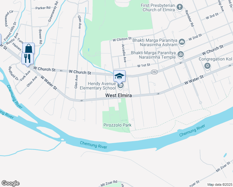 map of restaurants, bars, coffee shops, grocery stores, and more near 110 Hendy Avenue in Elmira