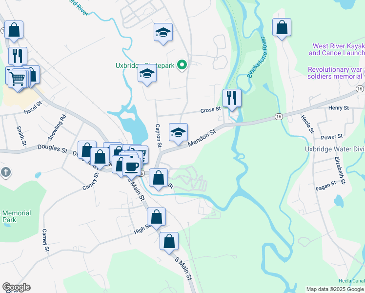 map of restaurants, bars, coffee shops, grocery stores, and more near 80 Mendon Street in Uxbridge