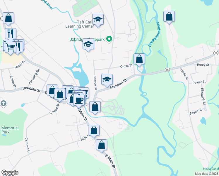 map of restaurants, bars, coffee shops, grocery stores, and more near 80 Mendon Street in Uxbridge