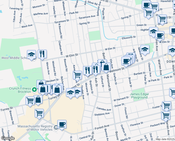 map of restaurants, bars, coffee shops, grocery stores, and more near 193 Boylston Street in Brockton