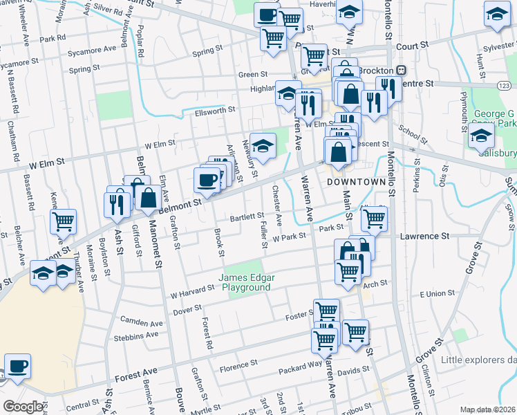 map of restaurants, bars, coffee shops, grocery stores, and more near 29 Fuller Street in Brockton