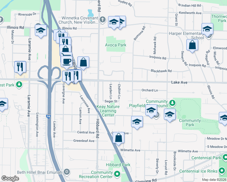 map of restaurants, bars, coffee shops, grocery stores, and more near 809 Leyden Lane in Wilmette