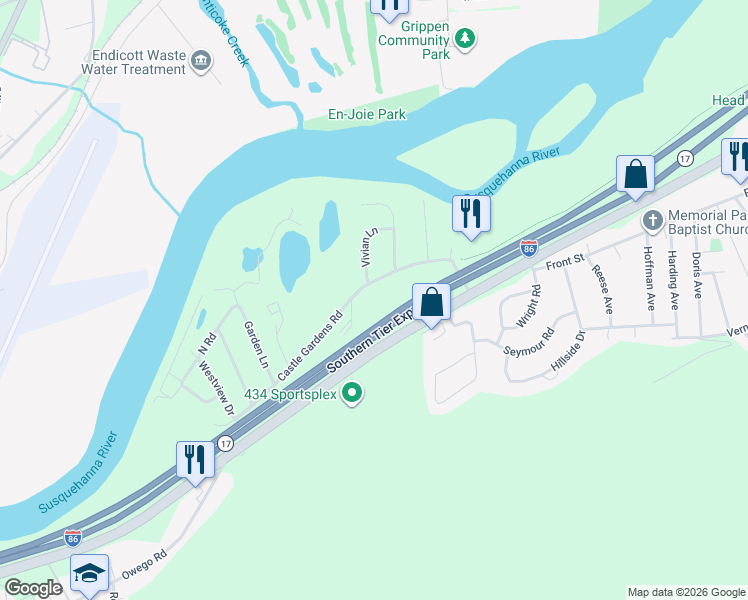 map of restaurants, bars, coffee shops, grocery stores, and more near 1715 Castle Gardens Road in Vestal