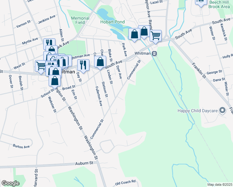 map of restaurants, bars, coffee shops, grocery stores, and more near 113 Linden Street in Whitman