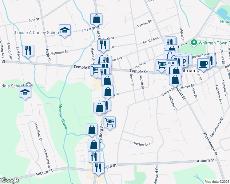 map of restaurants, bars, coffee shops, grocery stores, and more near 100 Glen Street in Whitman