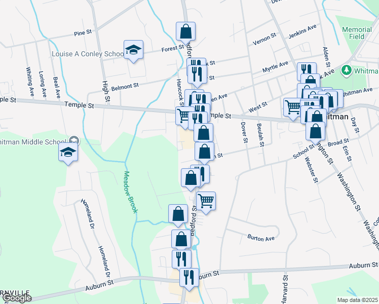 map of restaurants, bars, coffee shops, grocery stores, and more near 135 Glen Street in Whitman