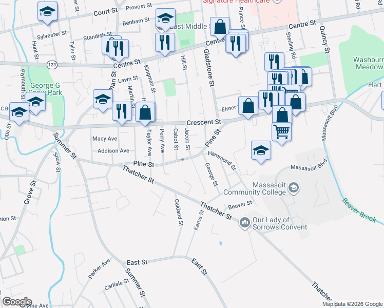 map of restaurants, bars, coffee shops, grocery stores, and more near 219 Pine Street in Brockton