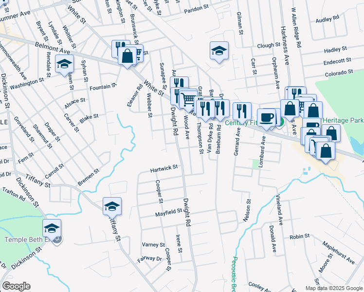 map of restaurants, bars, coffee shops, grocery stores, and more near 83 Wood Avenue in East Longmeadow