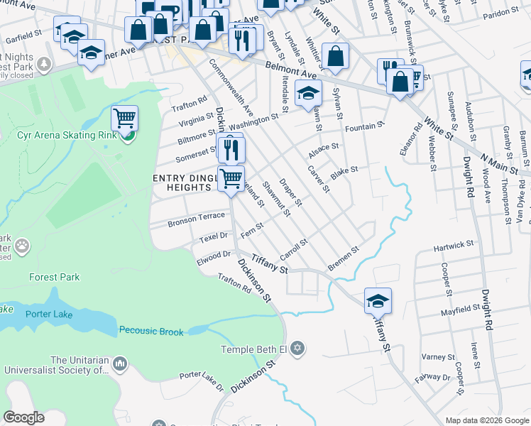 map of restaurants, bars, coffee shops, grocery stores, and more near 62 Fern Street in Springfield