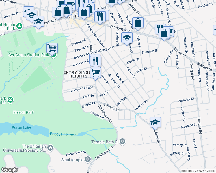 map of restaurants, bars, coffee shops, grocery stores, and more near 62 Fern Street in Springfield