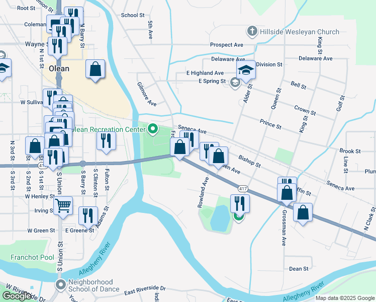 map of restaurants, bars, coffee shops, grocery stores, and more near 635 East State Street in Olean
