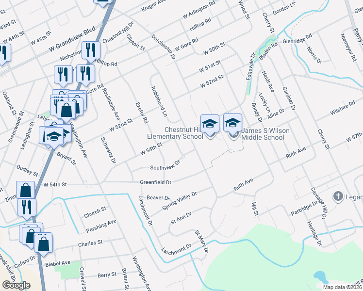 map of restaurants, bars, coffee shops, grocery stores, and more near 5421 Hillwood Dr in Erie
