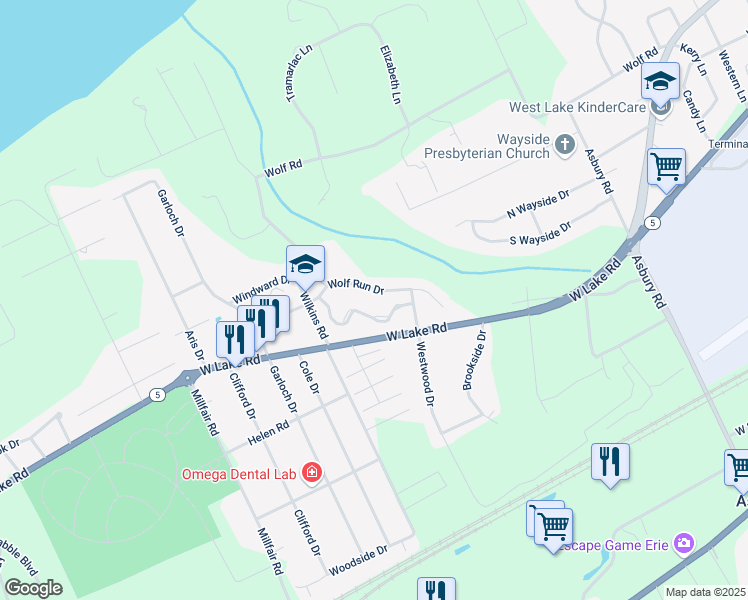 map of restaurants, bars, coffee shops, grocery stores, and more near 5172-5200 Wolf Run Village Lane in Erie