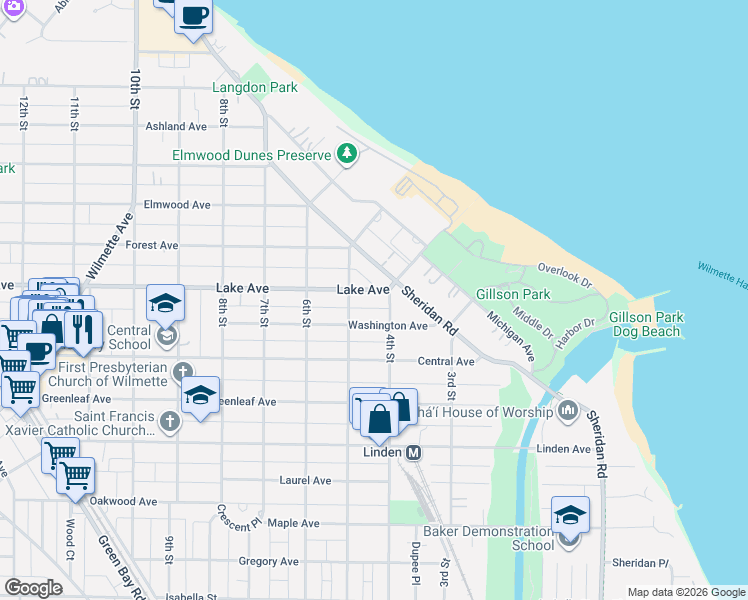 map of restaurants, bars, coffee shops, grocery stores, and more near 420 Washington Avenue in Wilmette