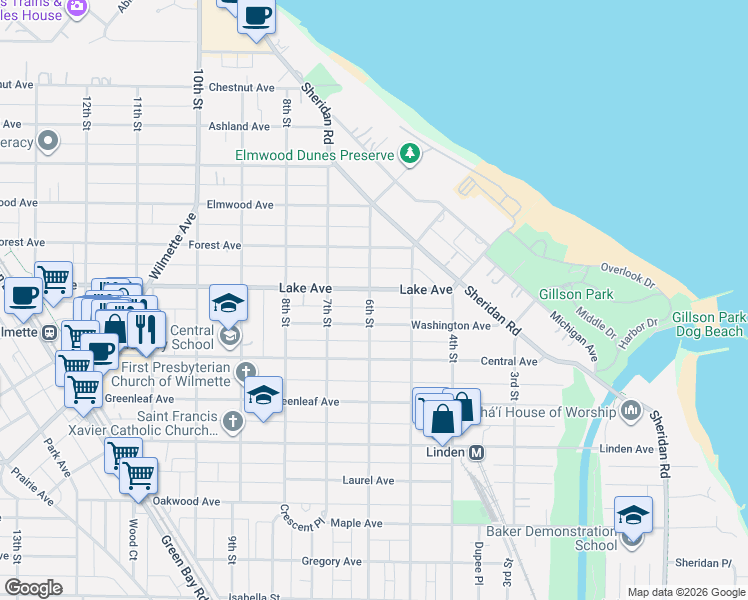 map of restaurants, bars, coffee shops, grocery stores, and more near 606 Washington Avenue in Wilmette