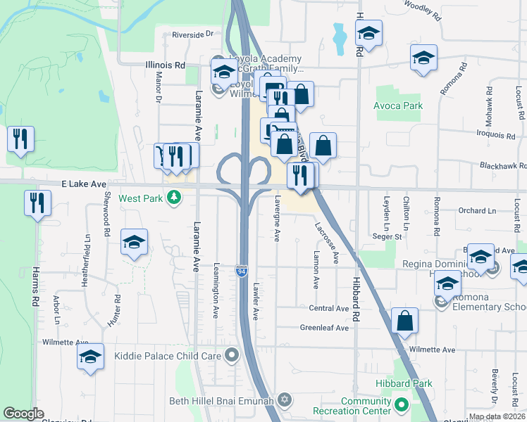 map of restaurants, bars, coffee shops, grocery stores, and more near 806 Lawler Avenue in Wilmette