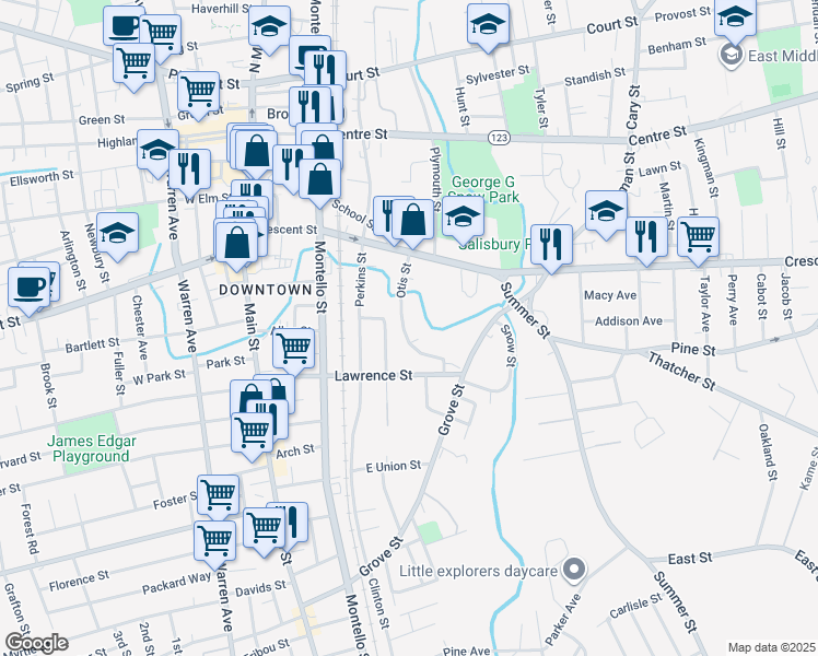 map of restaurants, bars, coffee shops, grocery stores, and more near 64 Otis Street in Brockton