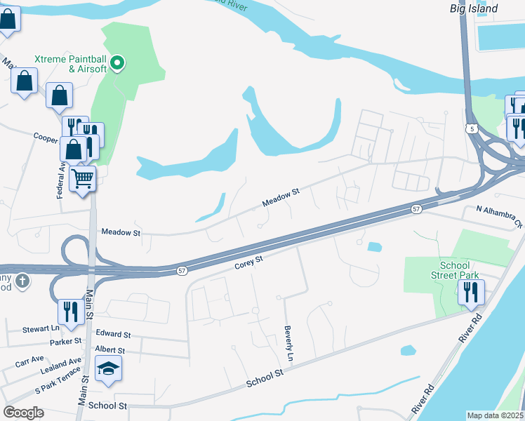 map of restaurants, bars, coffee shops, grocery stores, and more near 232 Meadow Street in Agawam