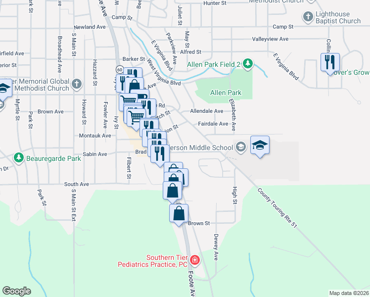 map of restaurants, bars, coffee shops, grocery stores, and more near 108 Elam Avenue in Jamestown