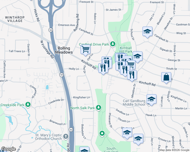 map of restaurants, bars, coffee shops, grocery stores, and more near 3401 Wellington Court in Rolling Meadows
