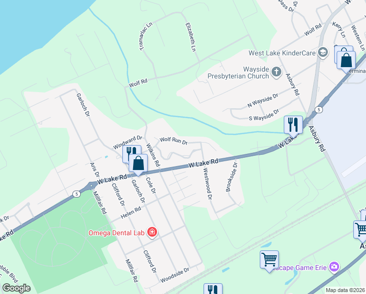 map of restaurants, bars, coffee shops, grocery stores, and more near 5172-5200 Wolf Run Village Lane in Erie