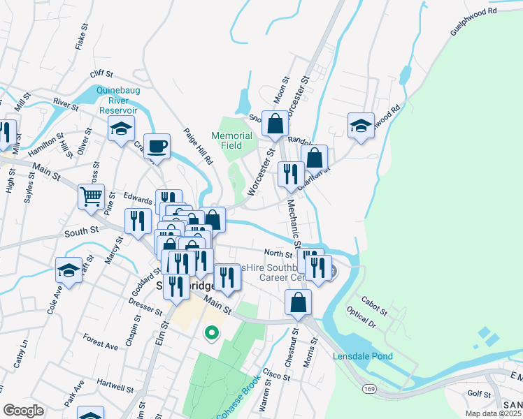 map of restaurants, bars, coffee shops, grocery stores, and more near 28 Charlton Street in Southbridge