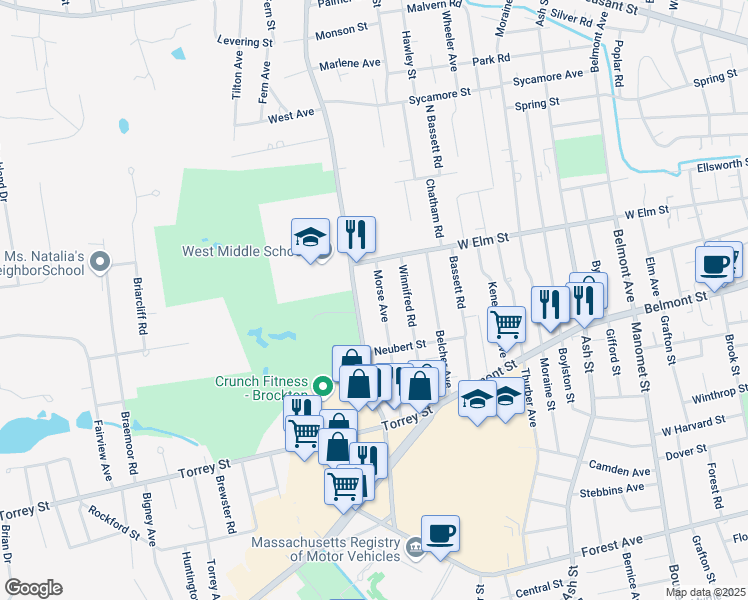 map of restaurants, bars, coffee shops, grocery stores, and more near 47 Morse Avenue in Brockton