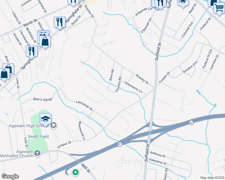 map of restaurants, bars, coffee shops, grocery stores, and more near 87 Country Road in Agawam