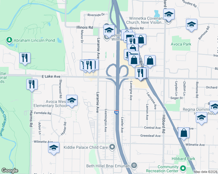 map of restaurants, bars, coffee shops, grocery stores, and more near 805 Leamington Avenue in Wilmette