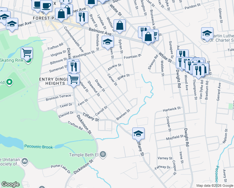 map of restaurants, bars, coffee shops, grocery stores, and more near 137 Carroll Street in Springfield