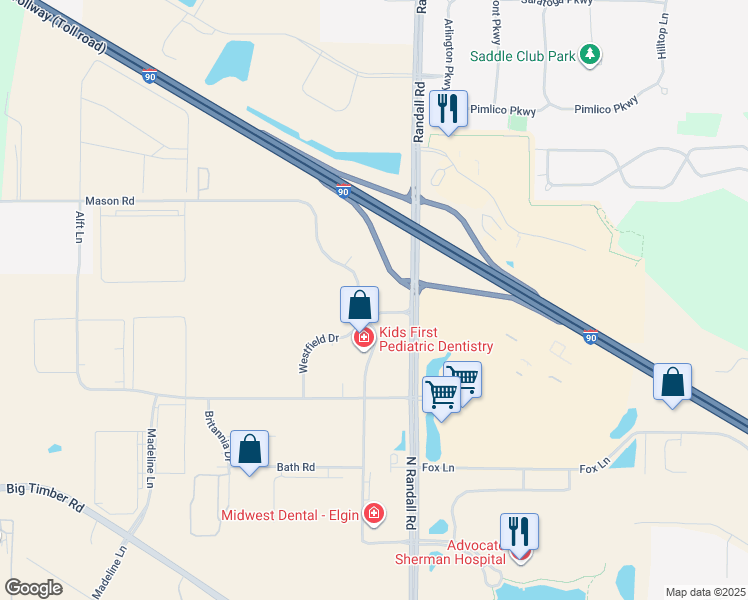 map of restaurants, bars, coffee shops, grocery stores, and more near 1750 North Randall Road in Elgin