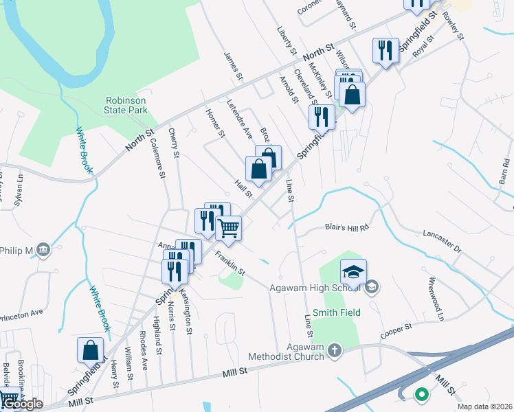 map of restaurants, bars, coffee shops, grocery stores, and more near 671 Springfield Street in Agawam