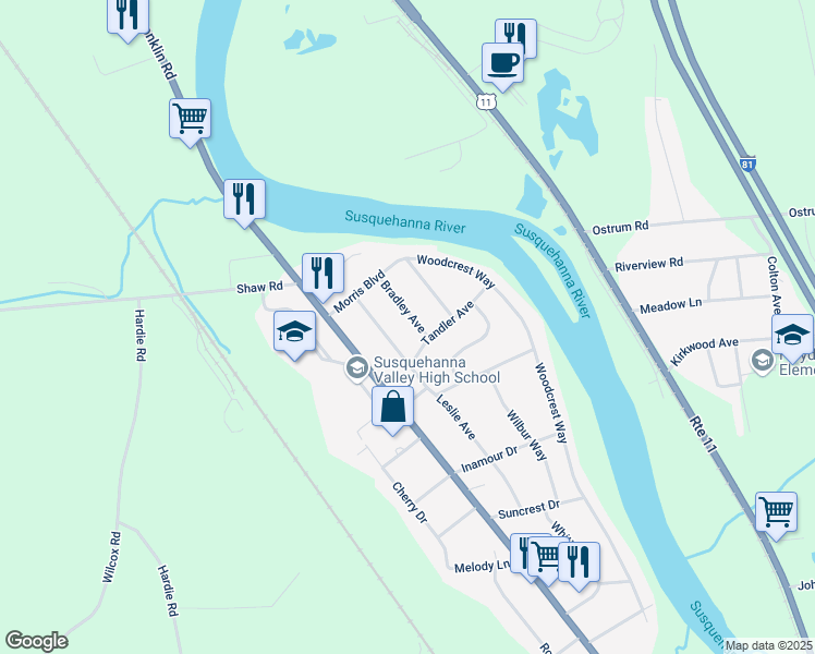 map of restaurants, bars, coffee shops, grocery stores, and more near 19 Leslie Avenue in Conklin