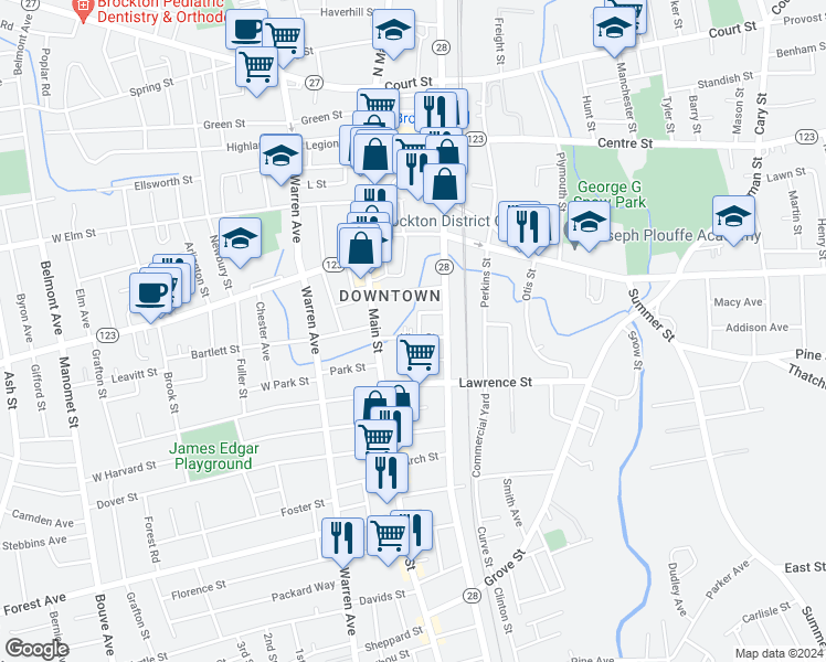 map of restaurants, bars, coffee shops, grocery stores, and more near 15 Allen Street in Brockton