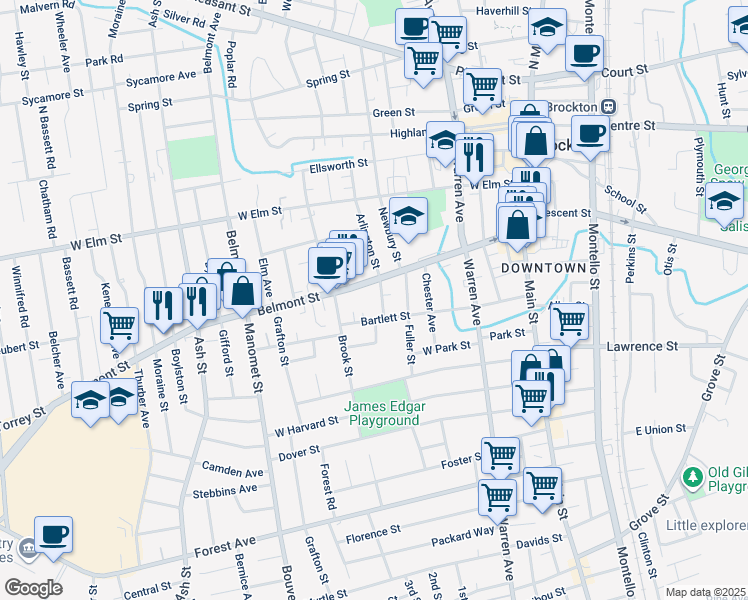 map of restaurants, bars, coffee shops, grocery stores, and more near 29 Newton Street in Brockton