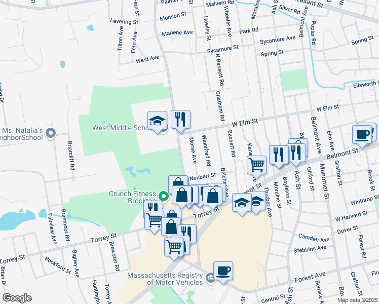map of restaurants, bars, coffee shops, grocery stores, and more near 47 Morse Avenue in Brockton