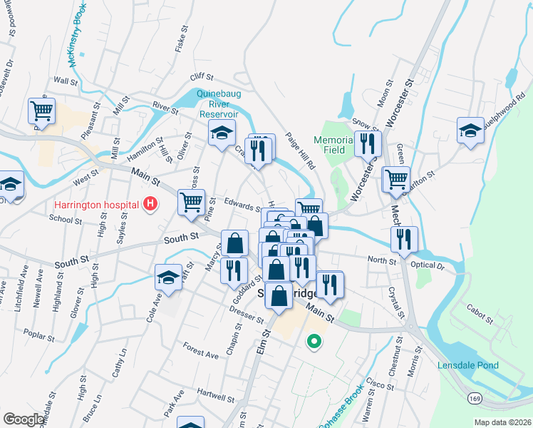 map of restaurants, bars, coffee shops, grocery stores, and more near 105 Hamilton Street in Southbridge
