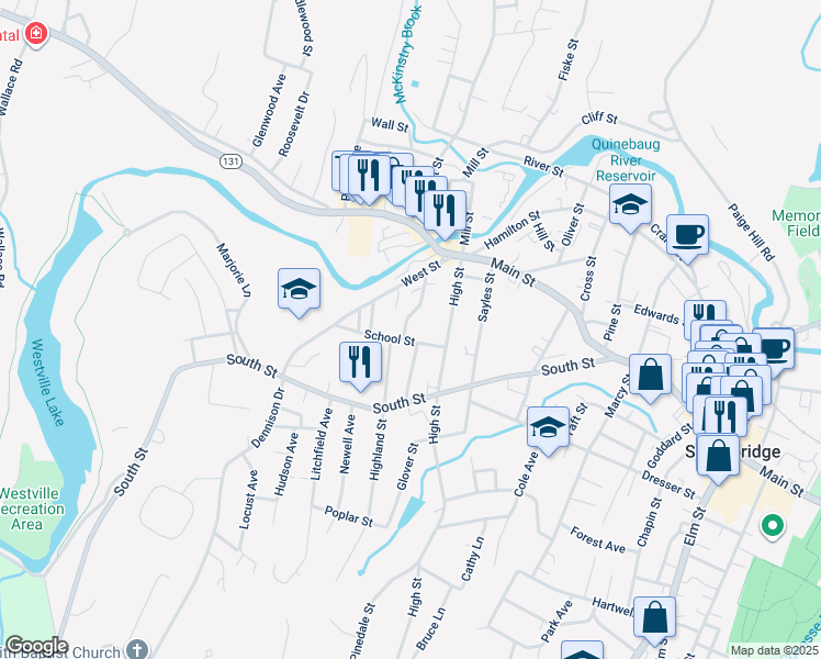 map of restaurants, bars, coffee shops, grocery stores, and more near 37 School Street in Southbridge