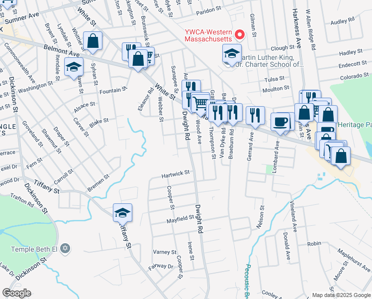 map of restaurants, bars, coffee shops, grocery stores, and more near 145 Manchester Terrace in Springfield