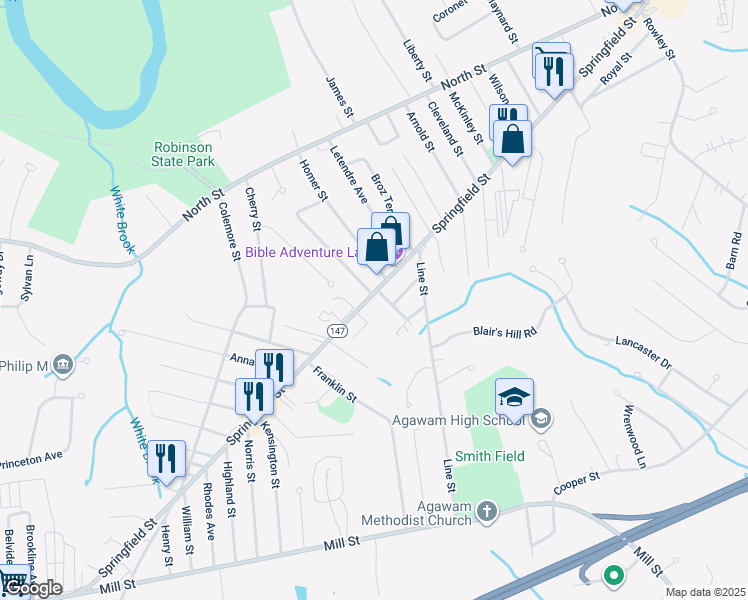 map of restaurants, bars, coffee shops, grocery stores, and more near 22 Mooreland Street in Agawam