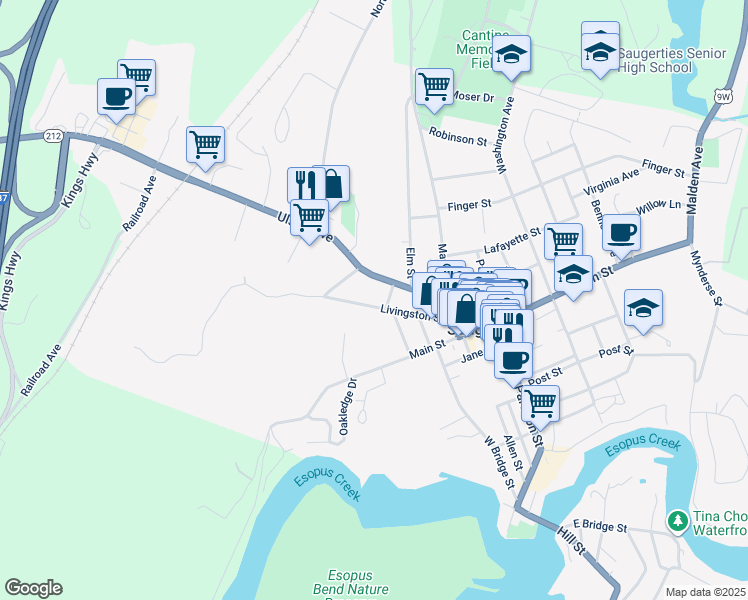 map of restaurants, bars, coffee shops, grocery stores, and more near 68 Livingston Street in Saugerties