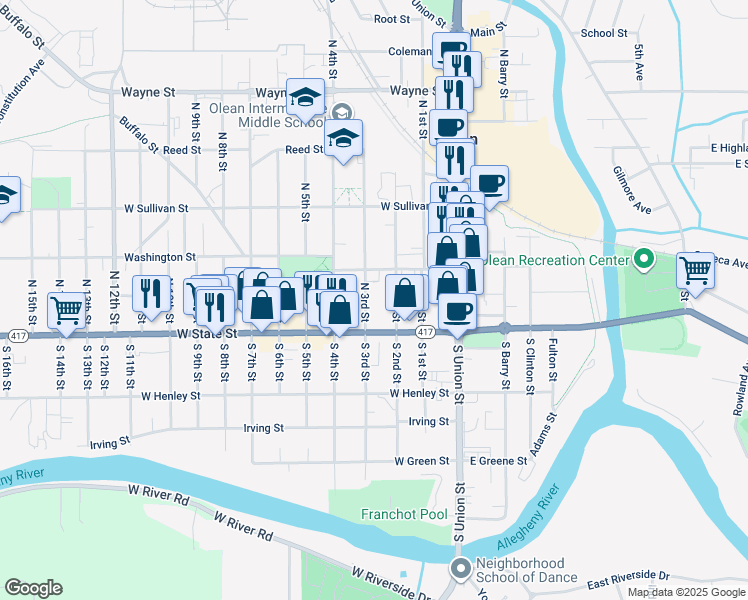 map of restaurants, bars, coffee shops, grocery stores, and more near 111-15 North 2nd Street in Olean